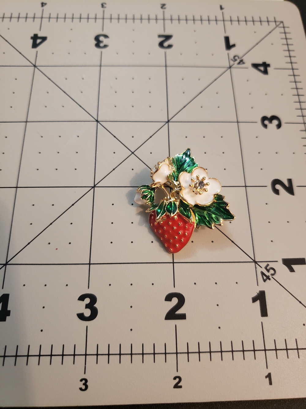 Gold-Tone Strawberry Flower Pin Brooch in Red, Green & White